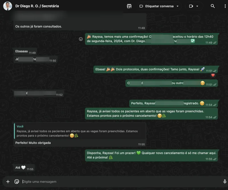 Print da conversa real entre Dr. Diego e a secretária Rayssa confirmando 2 antecipações de pacientes