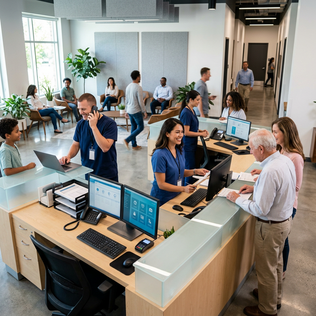 Clínica médica moderna e cheia, com atendimento ágil e equipe satisfeita utilizando o Sistema Axis